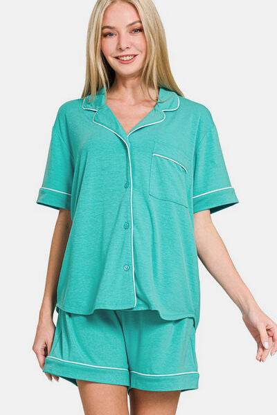 Zenana Button Down Short Sleeve Top and Shorts Lounge Set Turquoise for a perfect OOTD – dress to impress outfits from Amexza