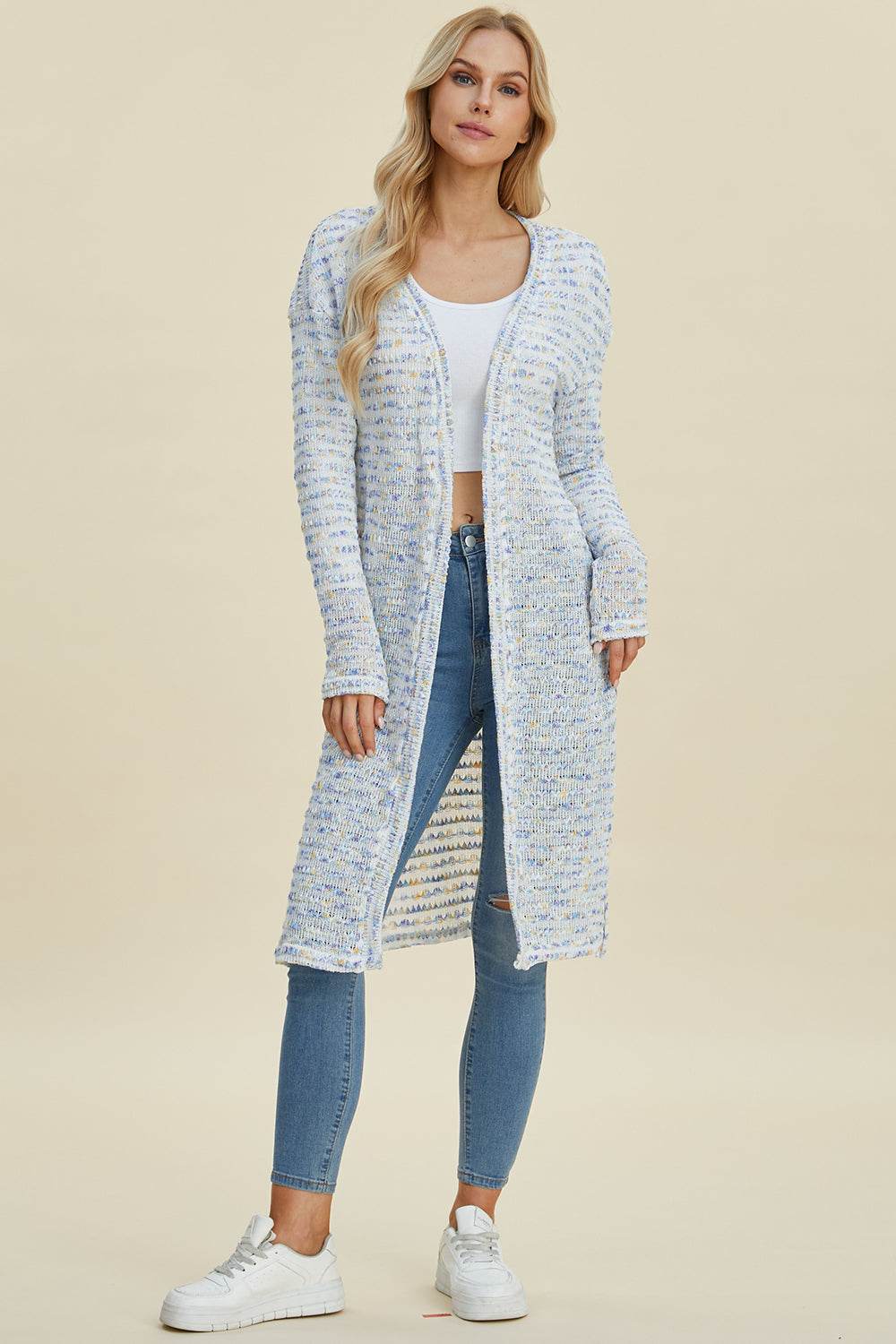 Double Take Full Size Open Front Longline Cardigan Multicolor for a perfect OOTD – dress to impress outfits from Amexza