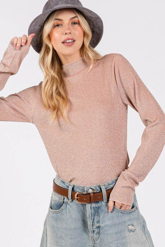 SAGE + FIG Glitter Mock Neck Lettuce Hem Long Sleeve Top Apricot for a perfect OOTD – dress to impress outfits from Amexza