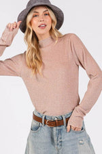 SAGE + FIG Glitter Mock Neck Lettuce Hem Long Sleeve Top - Amexza