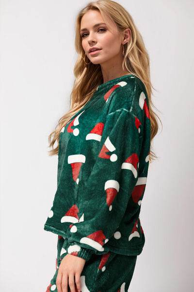 Christmas Hat Pattern Round Neck Long Sleeve Top and Pants Set for a perfect OOTD – dress to impress outfits from Amexza