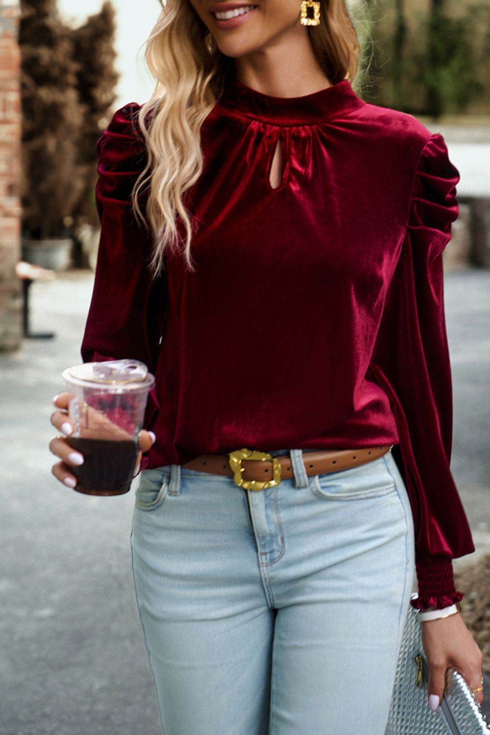 Tie Up Mock Neck Velvet Fabric Long Sleeve Blouse for a perfect OOTD – dress to impress outfits from Amexza