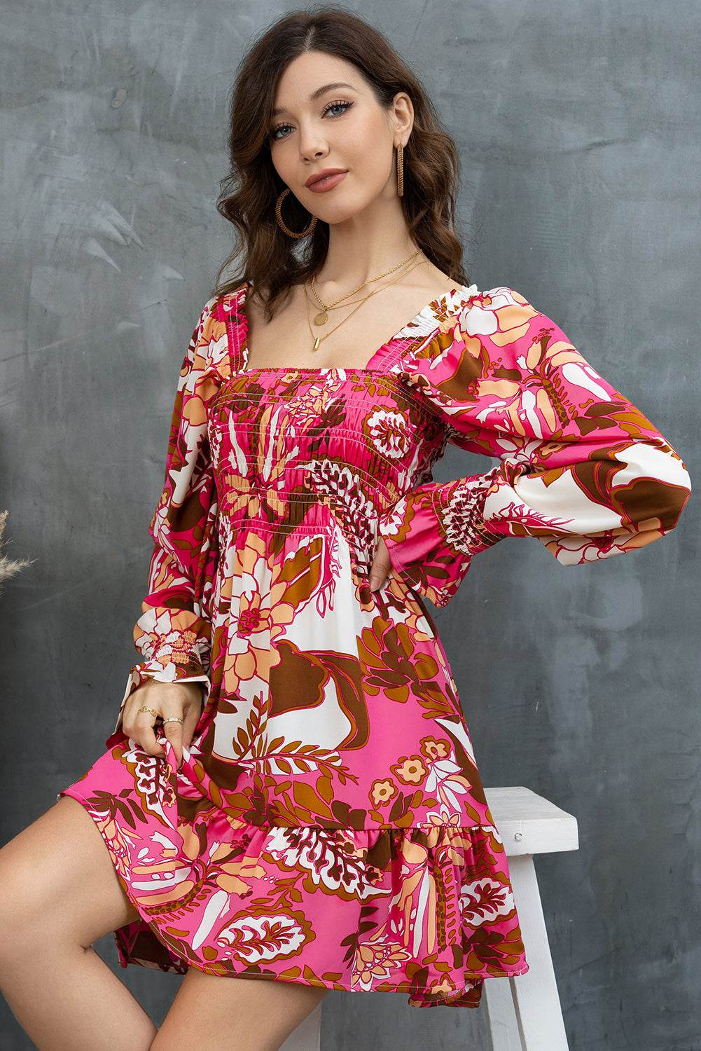 Floral Square Neck Flounce Sleeve Dress - Amexza