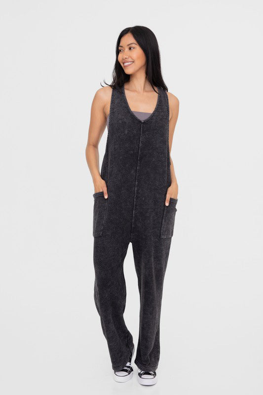 Mono B Mineral-Washed V Neck Overalls with Pockets Black for a perfect OOTD – dress to impress outfits from Amexza