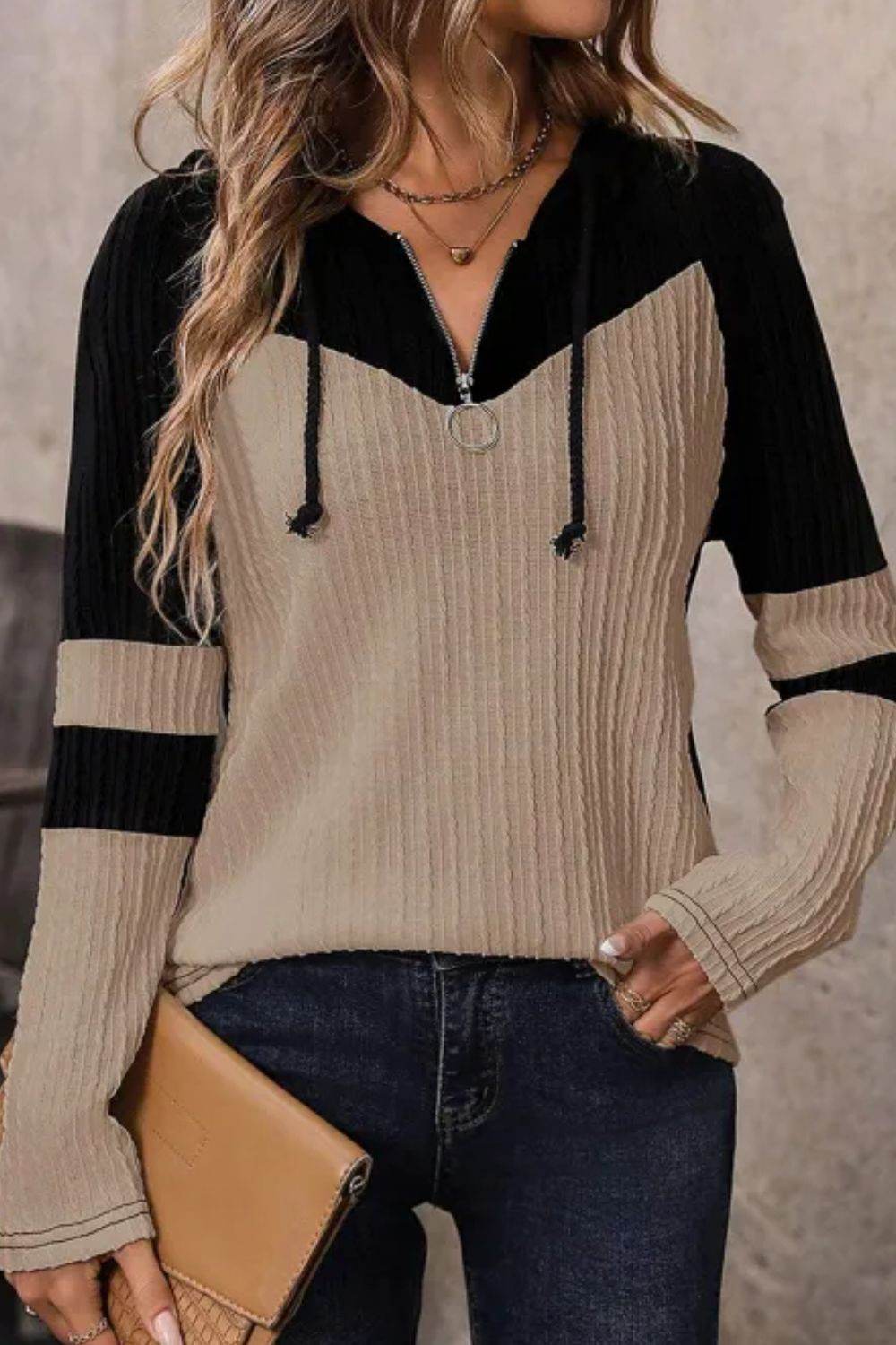 Drawstring Quarter Zip Contrast Long Sleeve Hoodie Mocha for a perfect OOTD – dress to impress outfits from Amexza