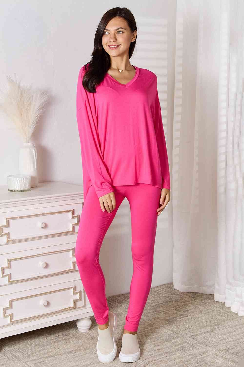 Basic Bae Full Size V-Neck Soft Rayon Long Sleeve Top and Pants Lounge Set Hot Pink for a perfect OOTD – dress to impress outfits from Amexza