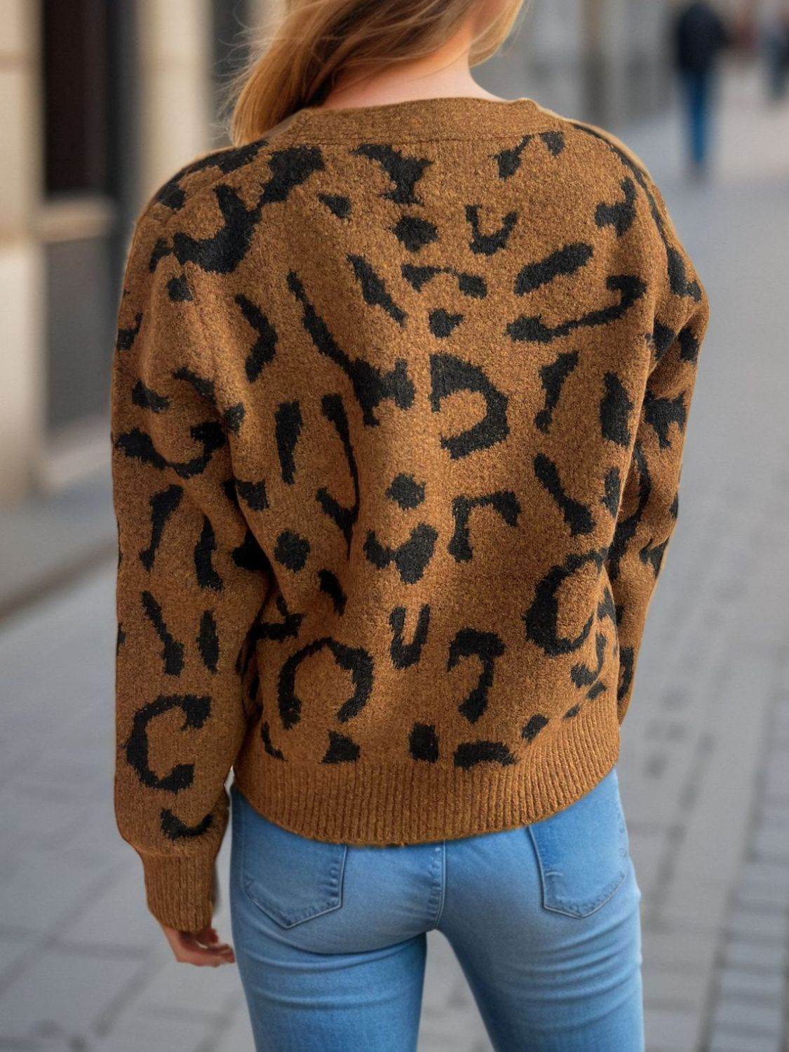 Leopard V-Neck Button Up Cardigan - Amexza