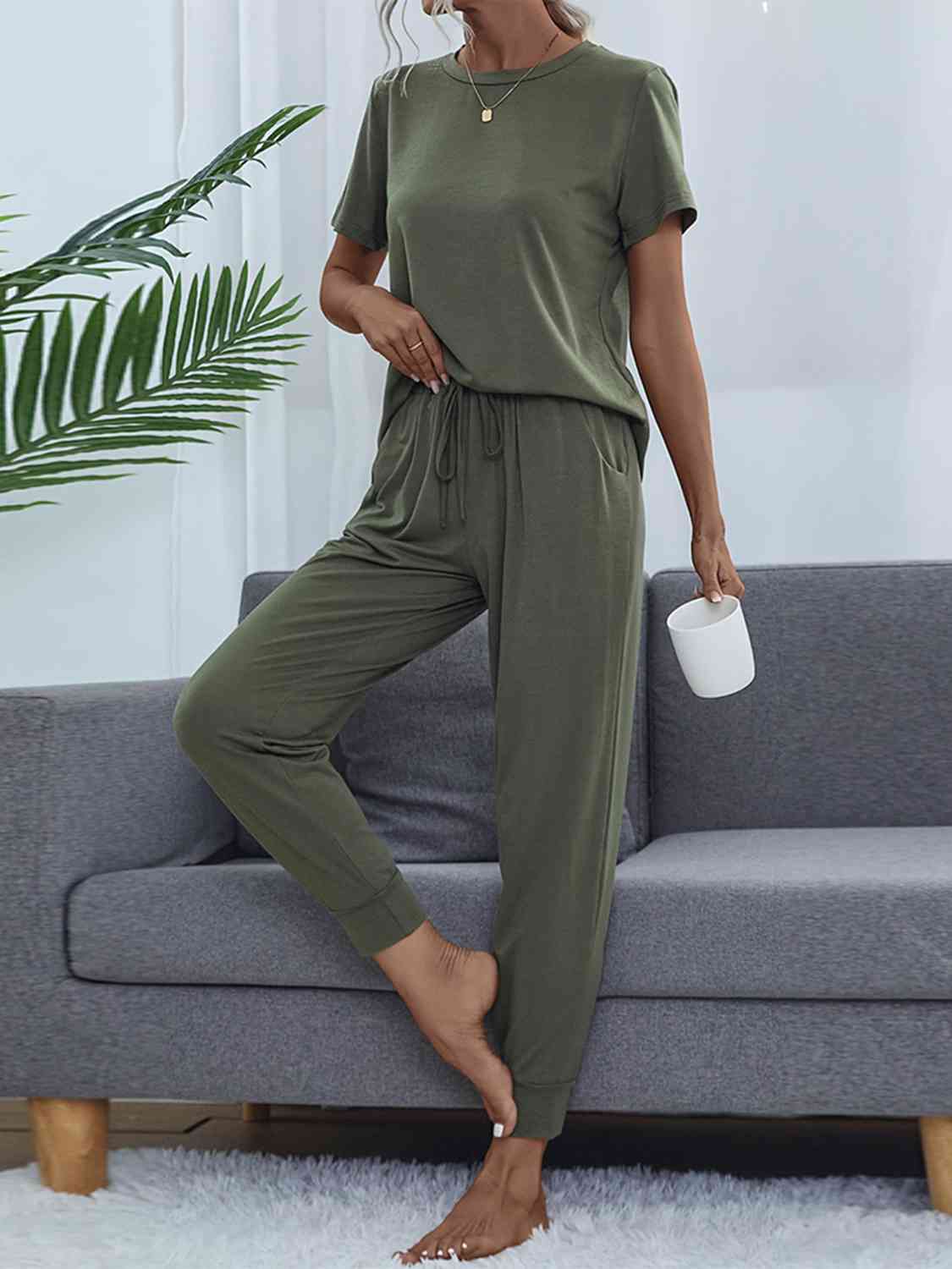 Shiny Round Neck Short Sleeve Top and Pants Set Moss for a perfect OOTD – dress to impress outfits from Amexza