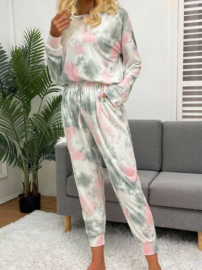 Shiny Tie-Dye Round Neck Top and Drawstring Pants Lounge Set for a perfect OOTD – dress to impress outfits from Amexza