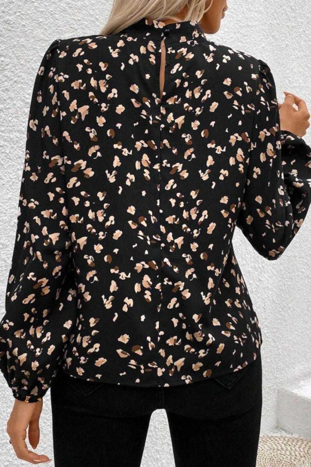 Printed Mock Neck Balloon Sleeve Blouse - Amexza