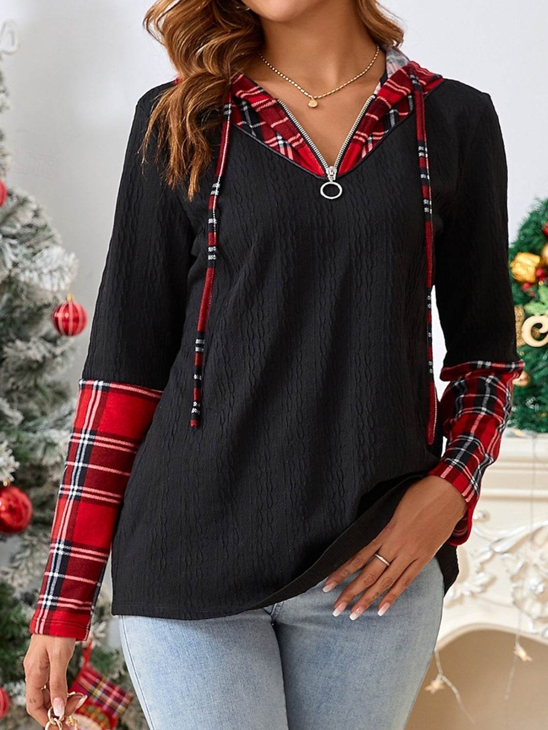 Plaid Quarter Zip Hooded T-Shirt for a perfect OOTD – dress to impress outfits from Amexza