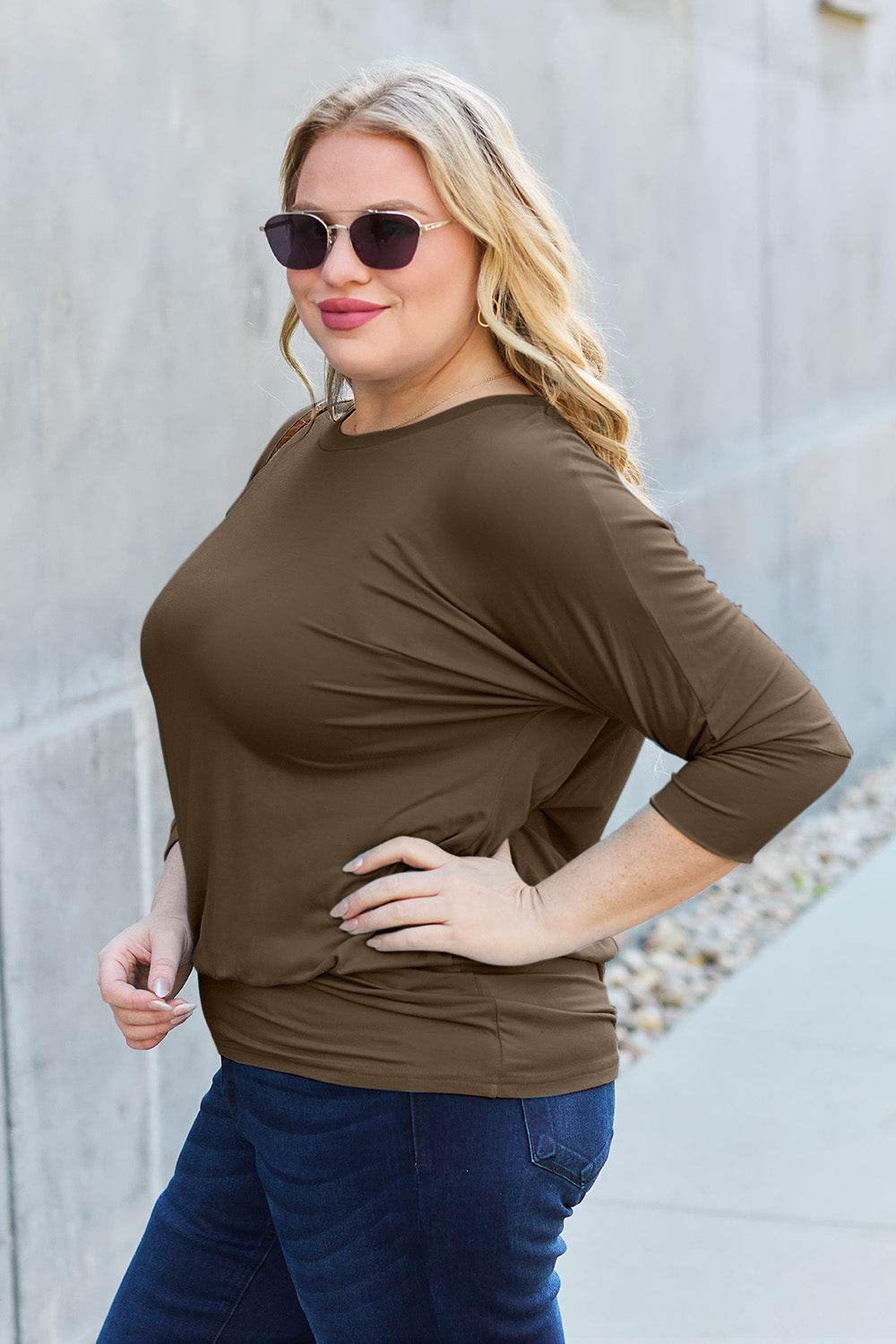 Basic Bae Full Size Round Neck Batwing Sleeve Top for a perfect OOTD – dress to impress outfits from Amexza