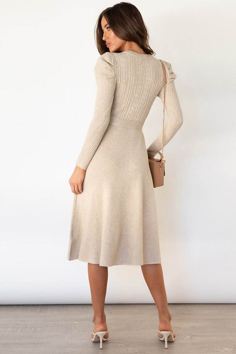 Round Neck Long Sleeve Tie Waist Sweater Dress for a perfect OOTD – dress to impress outfits from Amexza