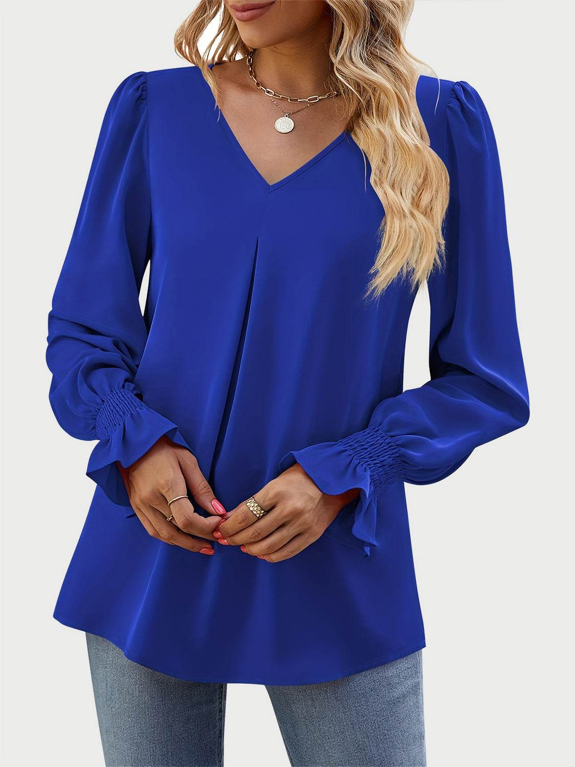 V-Neck Flounce Sleeve Top Royal Blue for a perfect OOTD – dress to impress outfits from Amexza