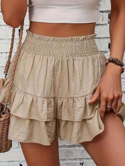 Smocked Layered Shorts Khaki for a perfect OOTD – dress to impress outfits from Amexza