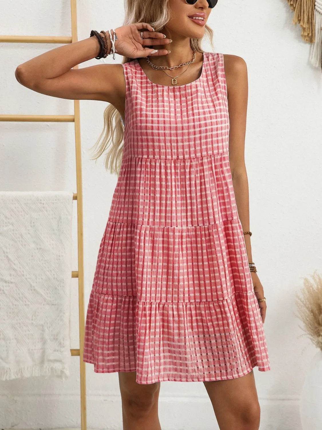 Plaid Round Neck Sleeveless Mini Dress for a perfect OOTD – dress to impress outfits from Amexza