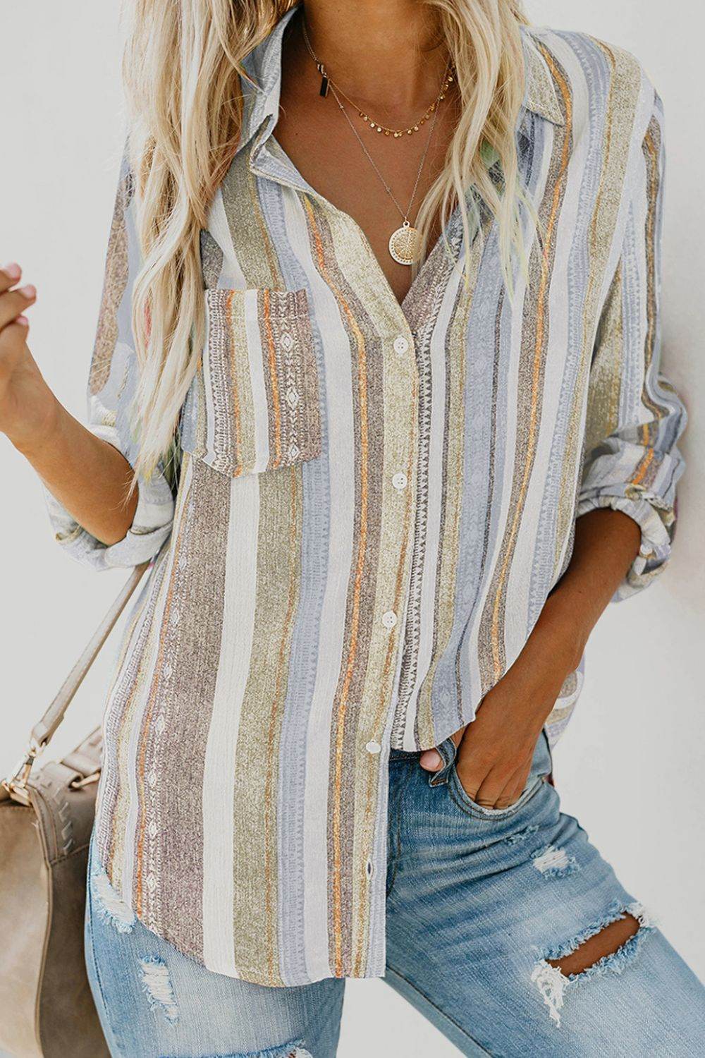 Striped Collared Neck Long Sleeve Shirt Beige for a perfect OOTD – dress to impress outfits from Amexza