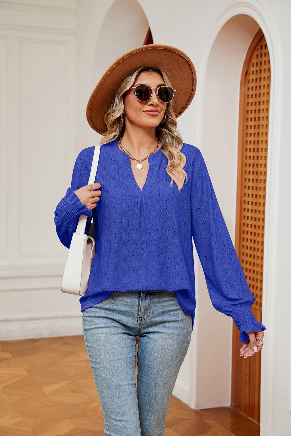 Notched Neck Flounce Sleeve Blouse Royal Blue for a perfect OOTD – dress to impress outfits from Amexza