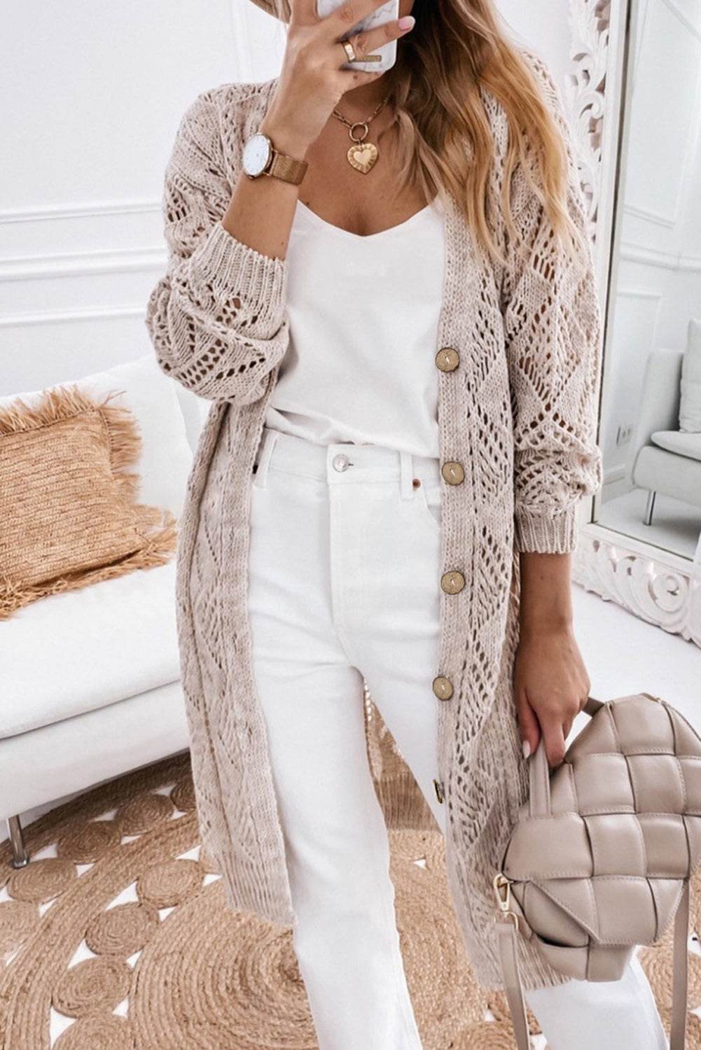 V-Neck Long Sleeve Cardigan Tan for a perfect OOTD – dress to impress outfits from Amexza