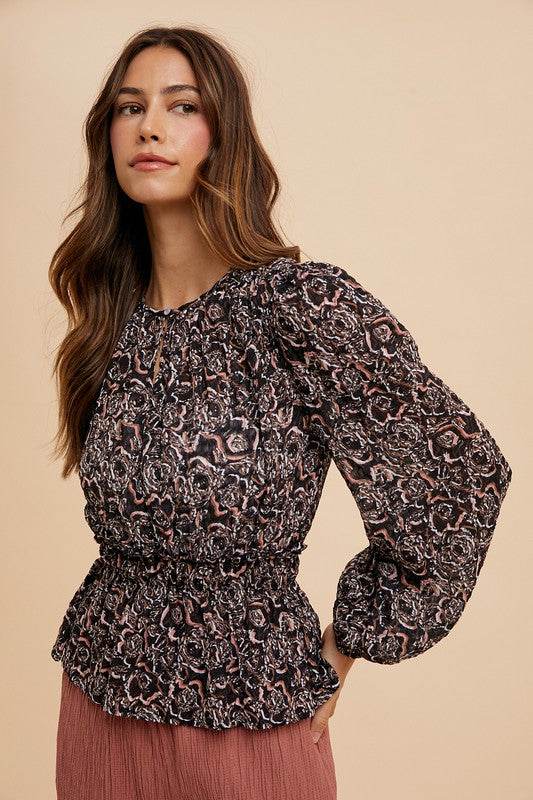 Annie Wear Abstract Print Balloon Sleeve Peplum Blouse for a perfect OOTD – dress to impress outfits from Amexza