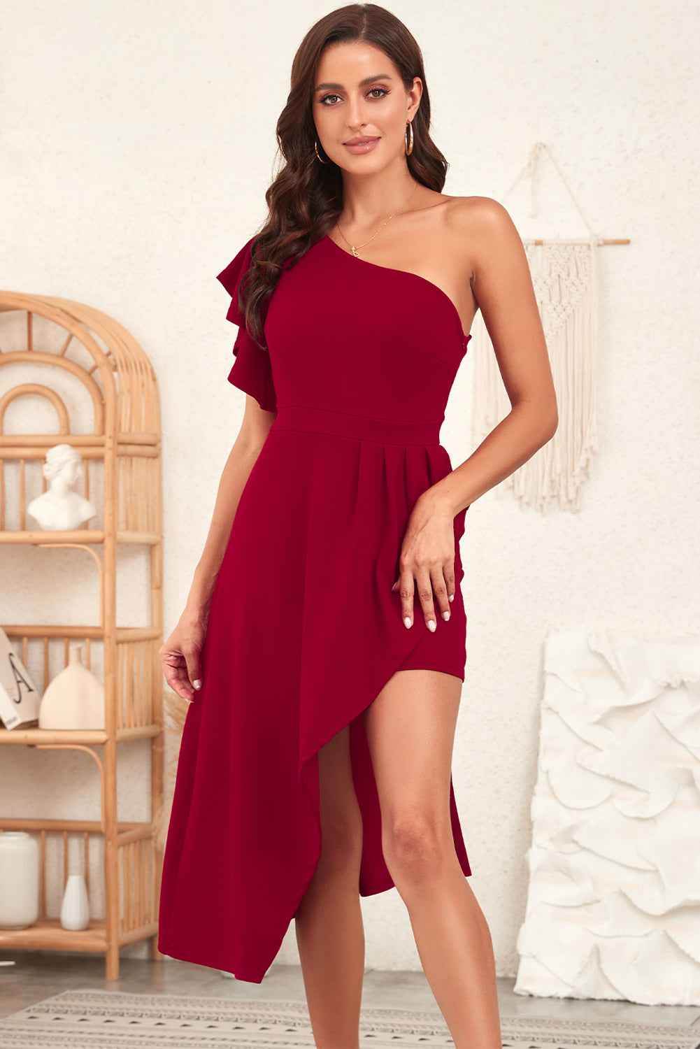 One-Shoulder Flutter Sleeve Asymmetrical Dress Deep Red for a perfect OOTD – dress to impress outfits from Amexza