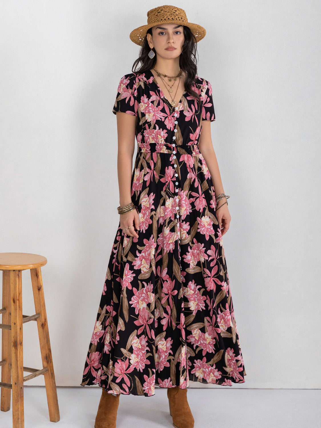 Floral V-Neck Slit Dress - Black / S