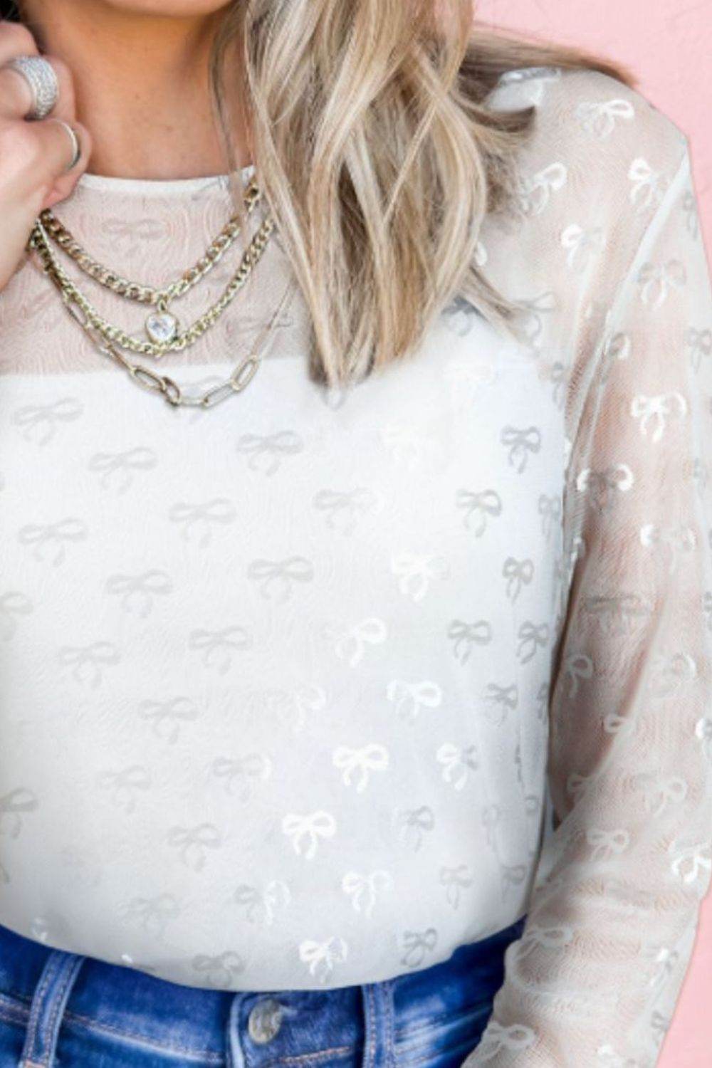 Bow Round Neck Long Sleeve Top - Amexza