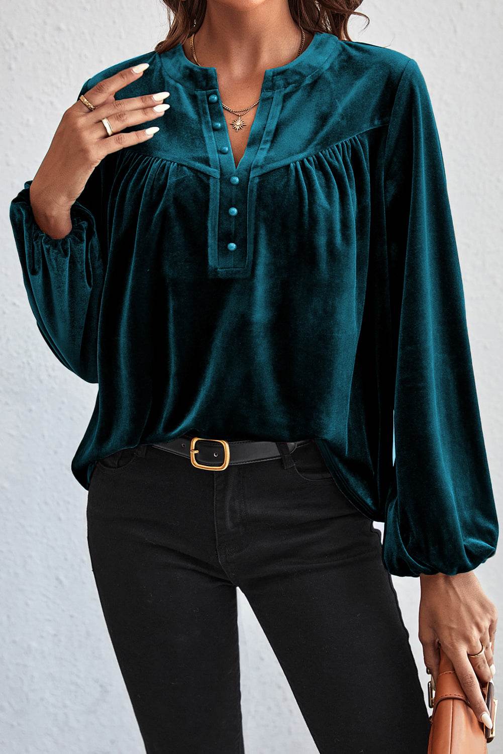 Ruched Decorative Button Notched Blouse Deep Teal for a perfect OOTD – dress to impress outfits from Amexza