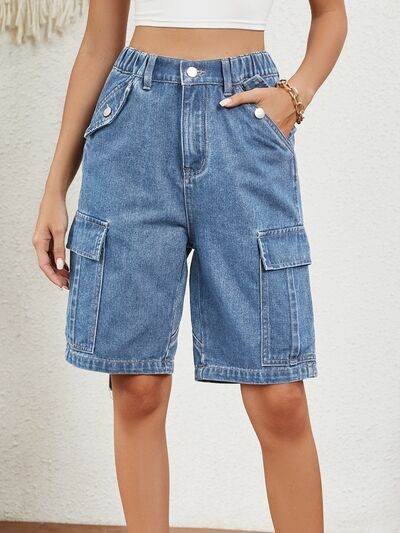 High Waist Denim Shorts with Pockets - Amexza