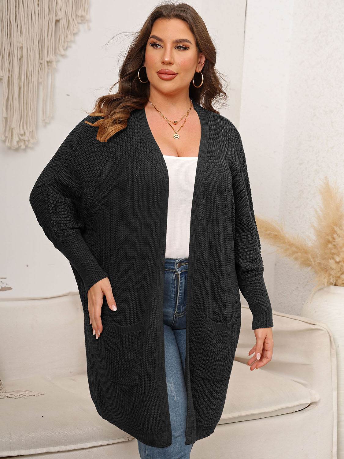 Plus Size Open Front Cardigan With Pockets - Amexza