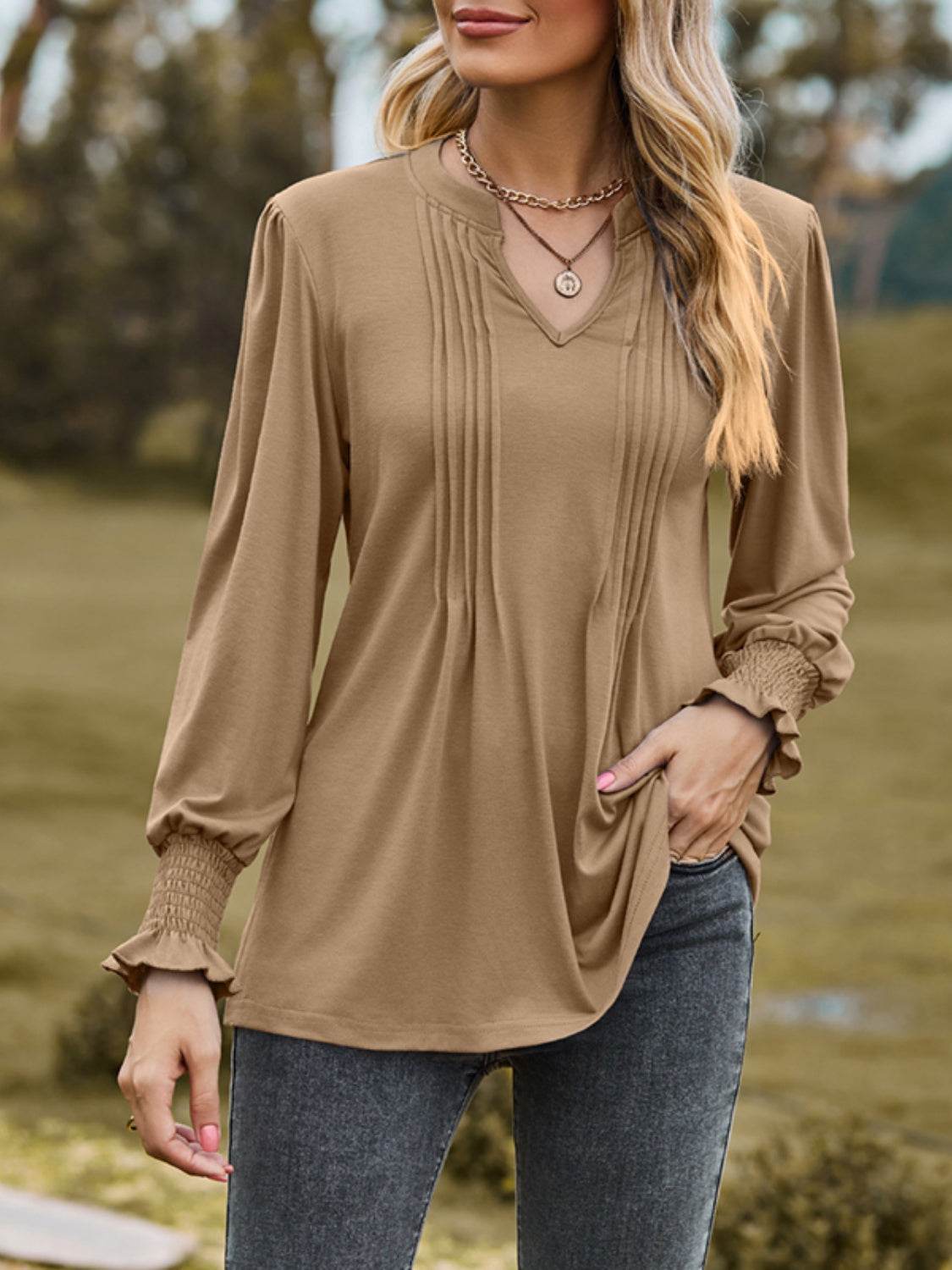 Ruched Notched Long Sleeve T-Shirt for a perfect OOTD – dress to impress outfits from Amexza