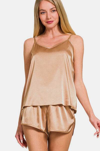 Zenana V-Neck Satin Cami and Elastic Waist Shorts Lounge Set Brush for a perfect OOTD – dress to impress outfits from Amexza