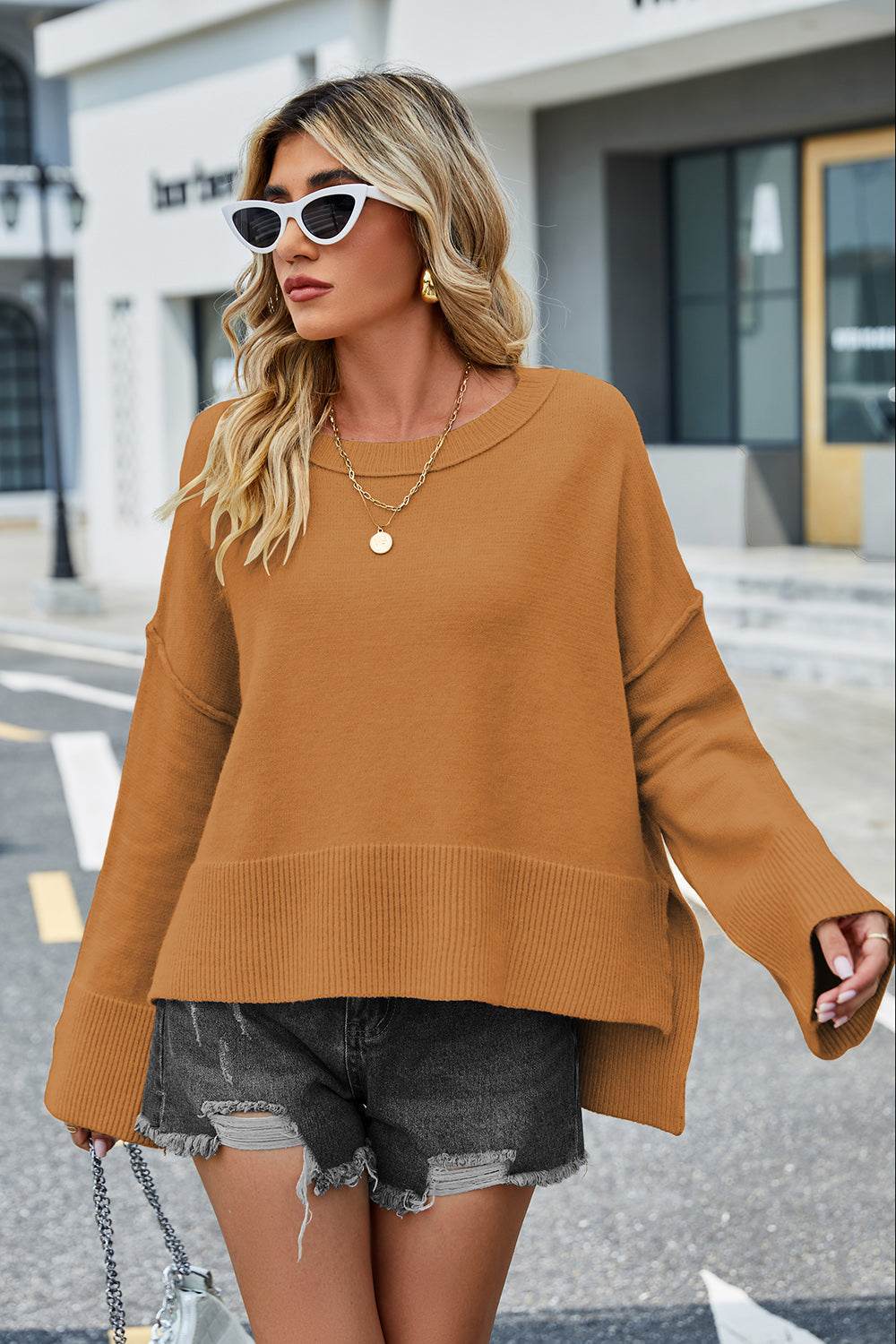 Round Neck Dropped Shoulder Slit Sweater for a perfect OOTD – dress to impress outfits from Amexza