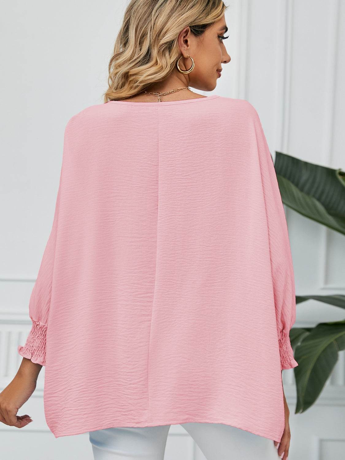 Smocked Lantern Sleeve Round Neck Blouse for a perfect OOTD – dress to impress outfits from Amexza