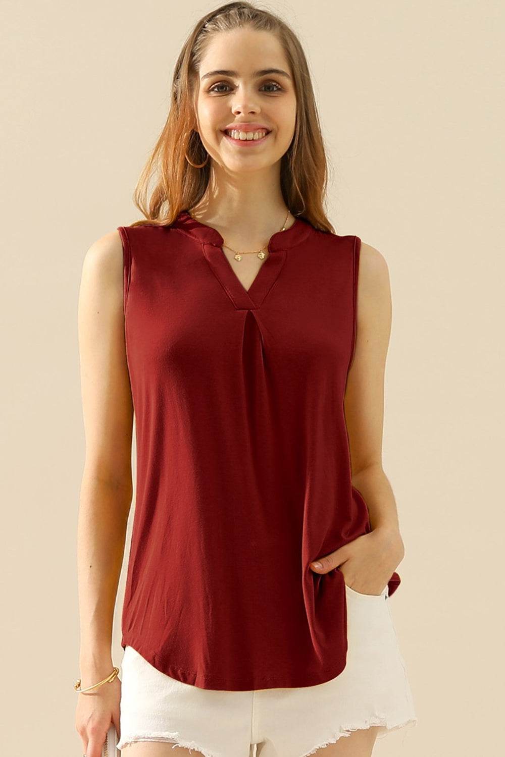 Ninexis Full Size Notched Sleeveless Top BURGUNDY for a perfect OOTD – dress to impress outfits from Amexza