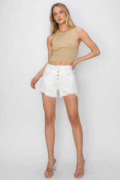 RISEN Button Fly Frayed Hem Denim Shorts for a perfect OOTD – dress to impress outfits from Amexza