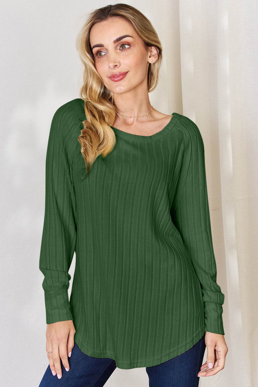 Basic Bae Full Size Ribbed Round Neck Slit T-Shirt Green for a perfect OOTD – dress to impress outfits from Amexza