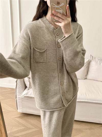 Pocketed Round Neck Button Up Cardigan and Pants Sweater Set for a perfect OOTD – dress to impress outfits from Amexza