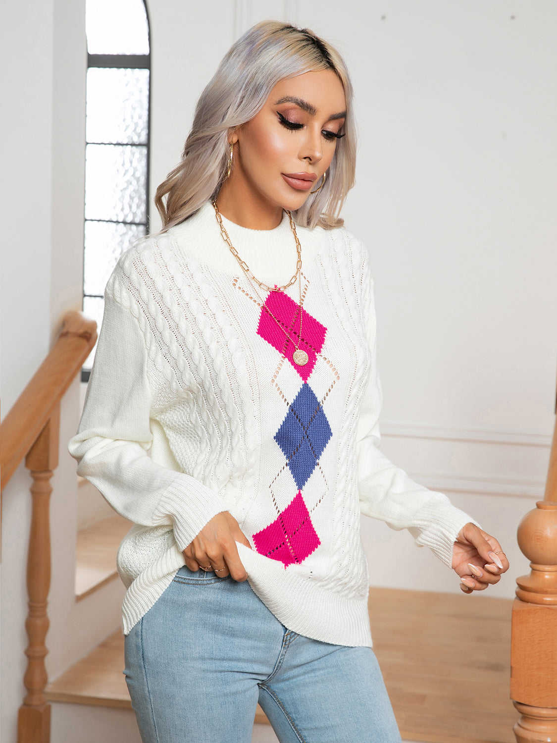 Openwork Geometric Mock Neck Sweater for a perfect OOTD – dress to impress outfits from Amexza