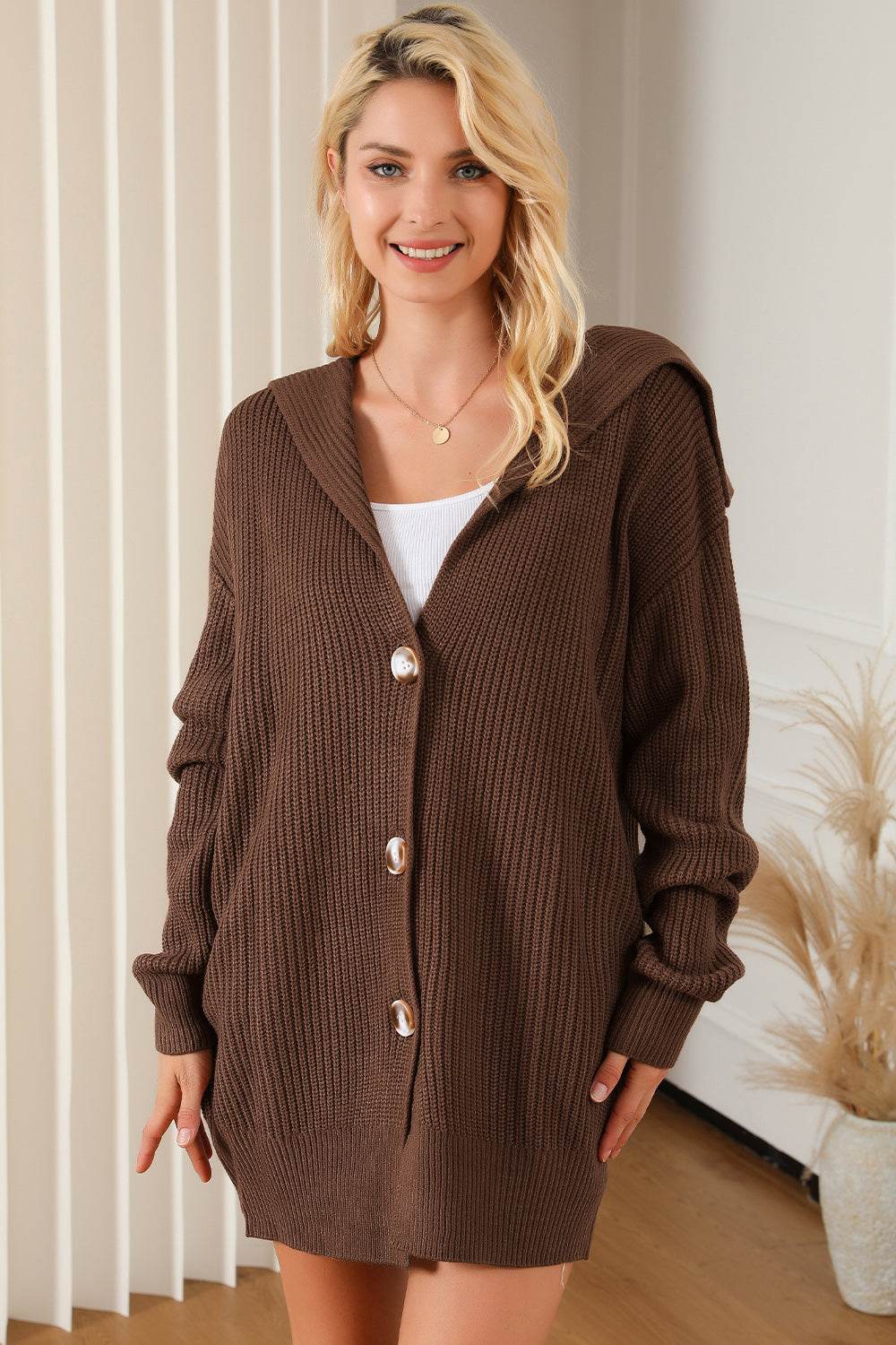 V-Neck Button Down Dropped Shoulder Cardigan Chestnut for a perfect OOTD – dress to impress outfits from Amexza