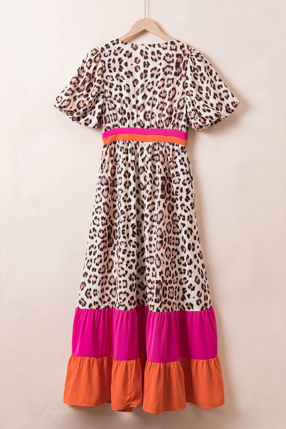 Full Size Leopard V-Neck Half Sleeve Maxi Dress - Amexza