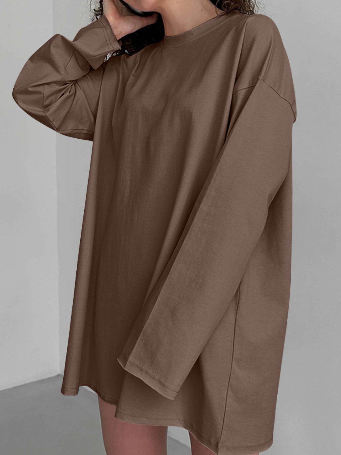 Round Neck Long Sleeve T-Shirt Taupe for a perfect OOTD – dress to impress outfits from Amexza