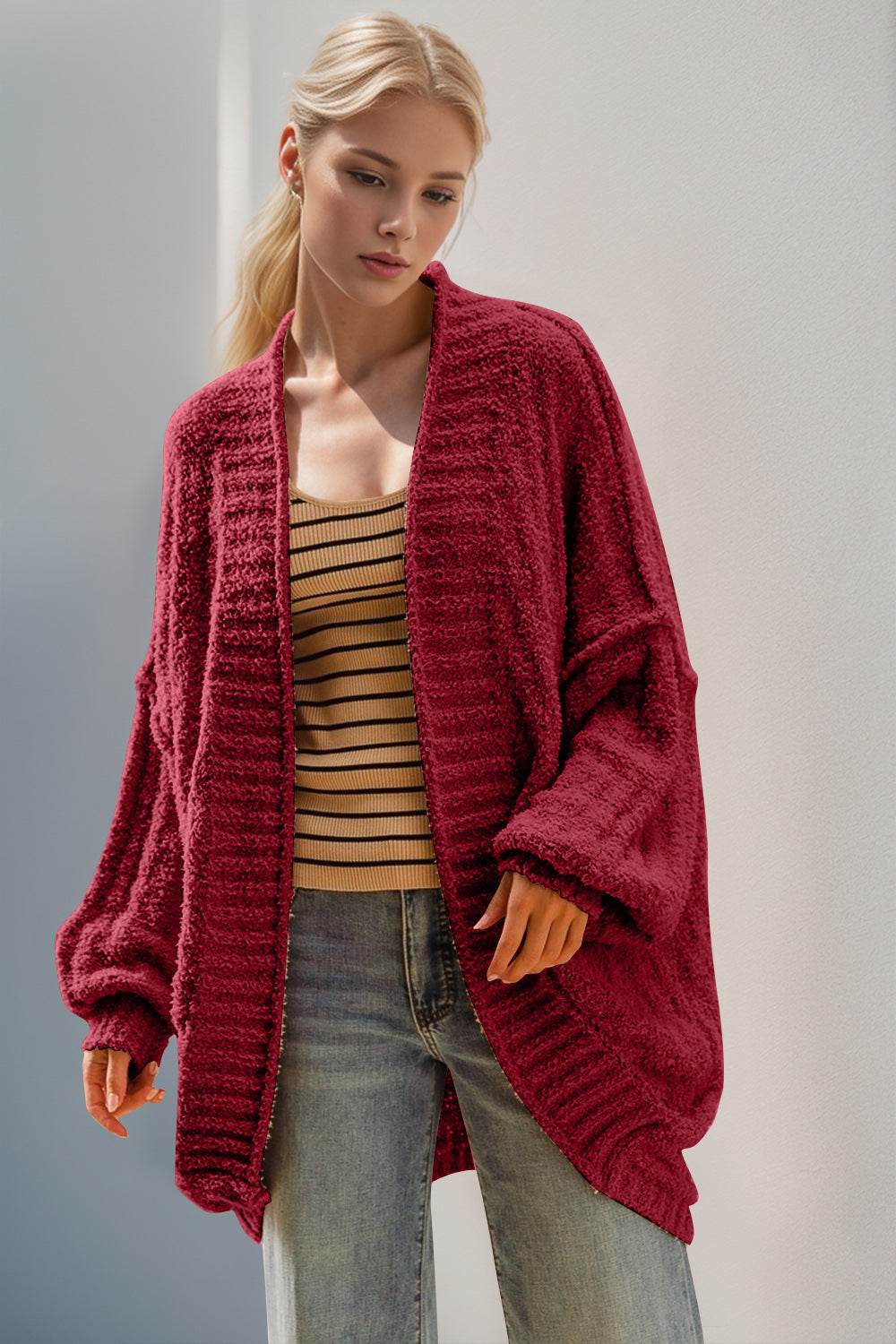 Double Take Full Size Open Front Long Sleeve Cardigan Deep Red for a perfect OOTD – dress to impress outfits from Amexza