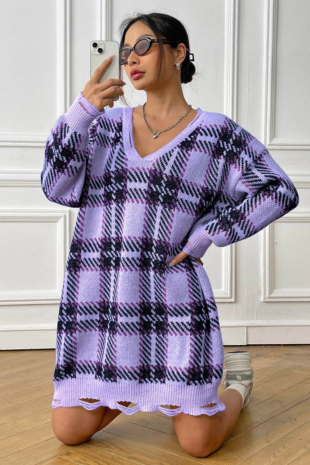 Plaid V-Neck Long Sleeve Sweater Dress for a perfect OOTD – dress to impress outfits from Amexza