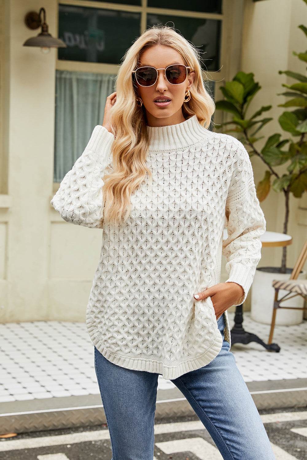 Slit Long Sleeve Mock Neck Sweater White for a perfect OOTD – dress to impress outfits from Amexza