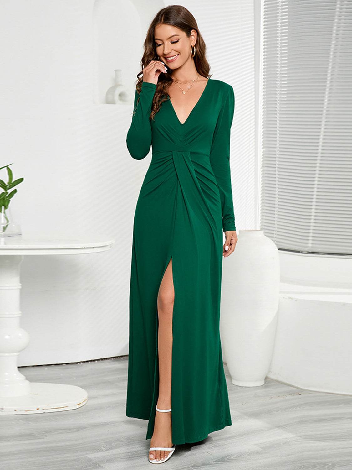 V-Neck Long Sleeve Split Dress for a perfect OOTD – dress to impress outfits from Amexza