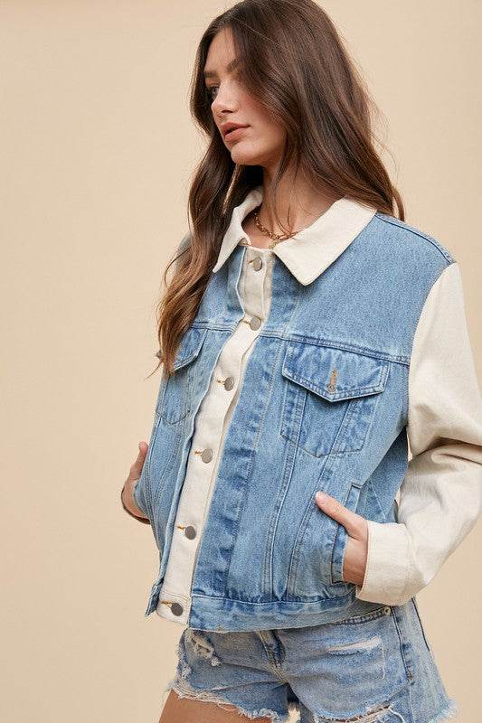 Annie Wear Collared Neck Double Placket Denim Jacket - Amexza