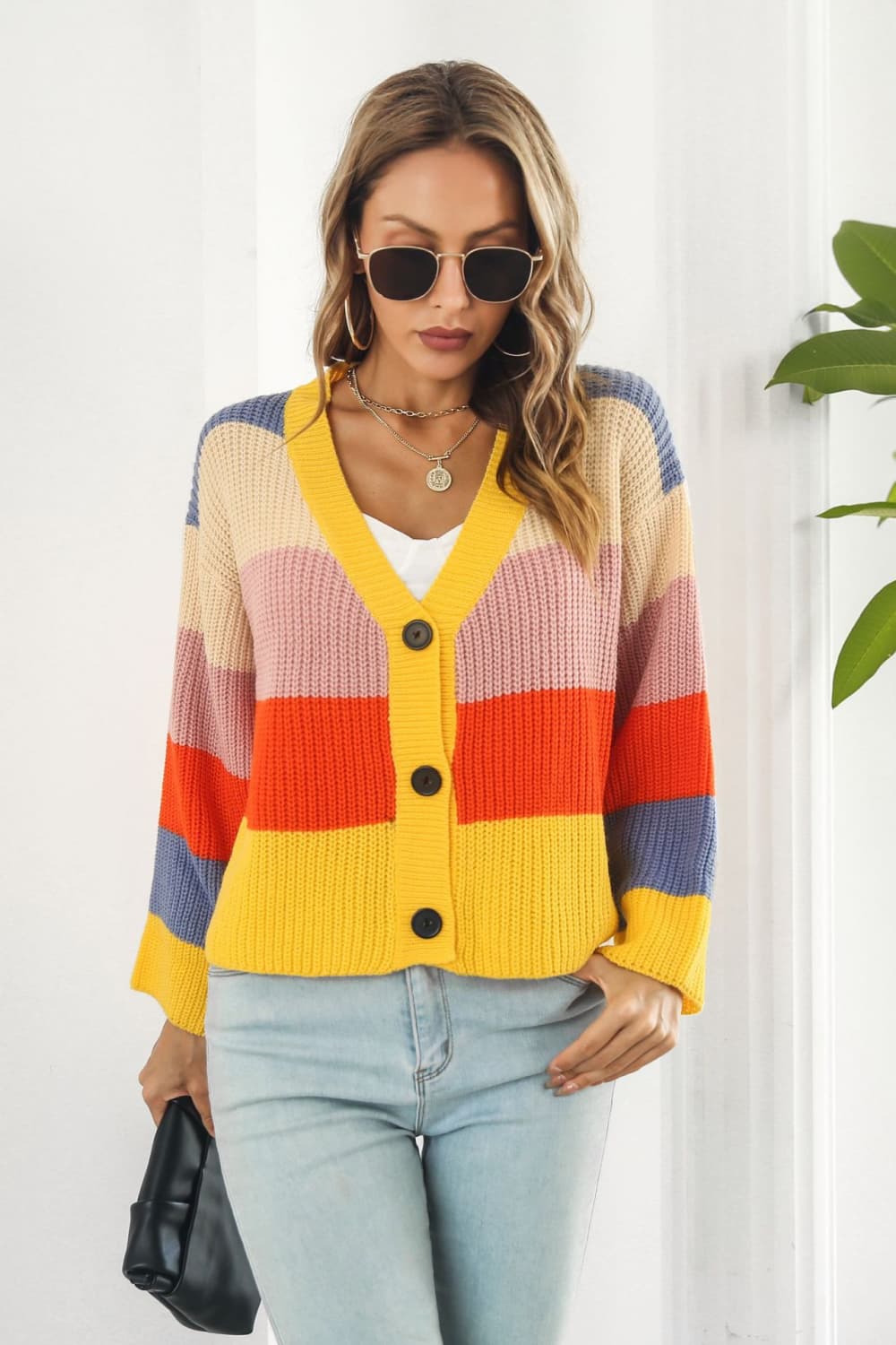 Color Block Button-Down Dropped Shoulder Cardigan Gold for a perfect OOTD – dress to impress outfits from Amexza