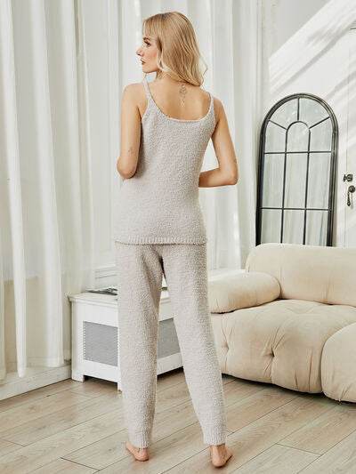 Fuzzy V-Neck Cami and Pants Lounge Set for a perfect OOTD – dress to impress outfits from Amexza