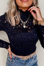 Crochet Turtleneck Long Sleeve Top - Amexza